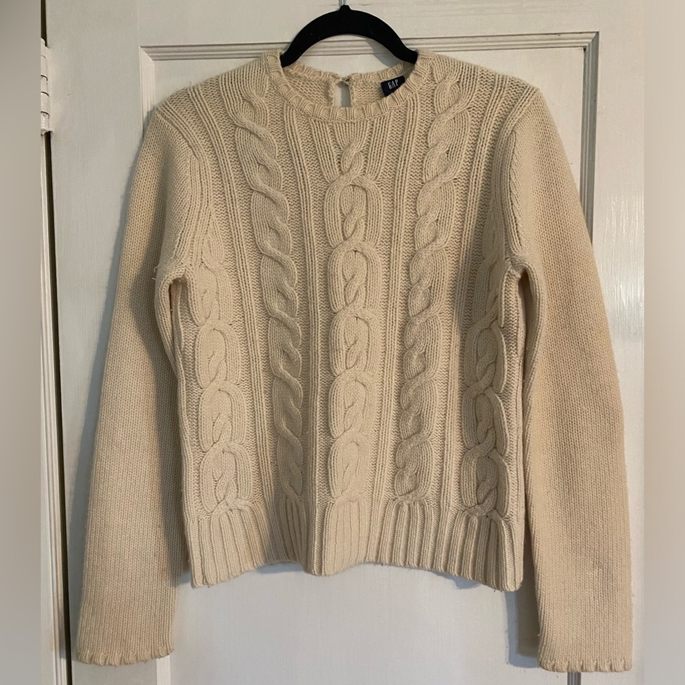 Vtg Y2K GAP Womens M Cable Knit Wool Cashmere Blend Cream Fisherman’s Sweater